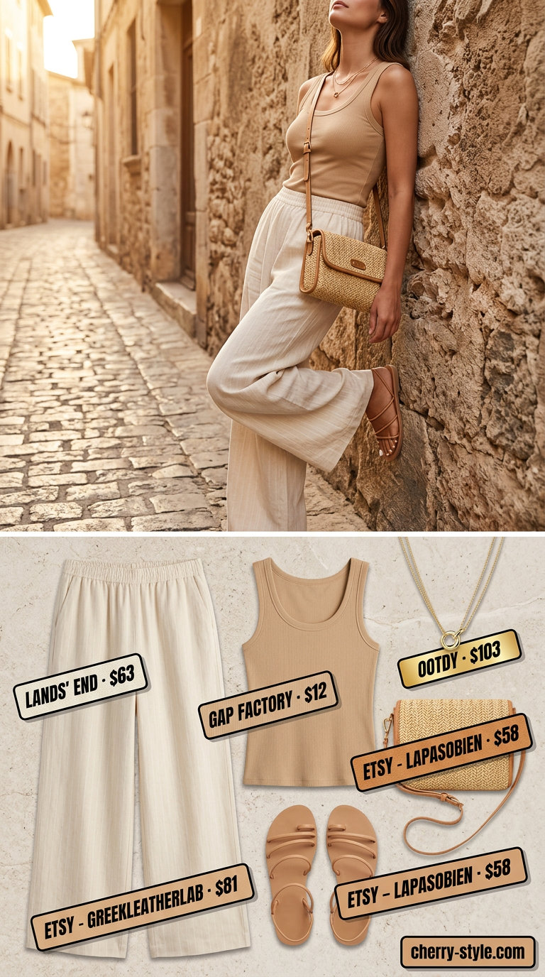 Summer High Waist Pants Outfits for Women 2026: Cream linen pants, tan tank top, and sandals for a relaxed coastal look.