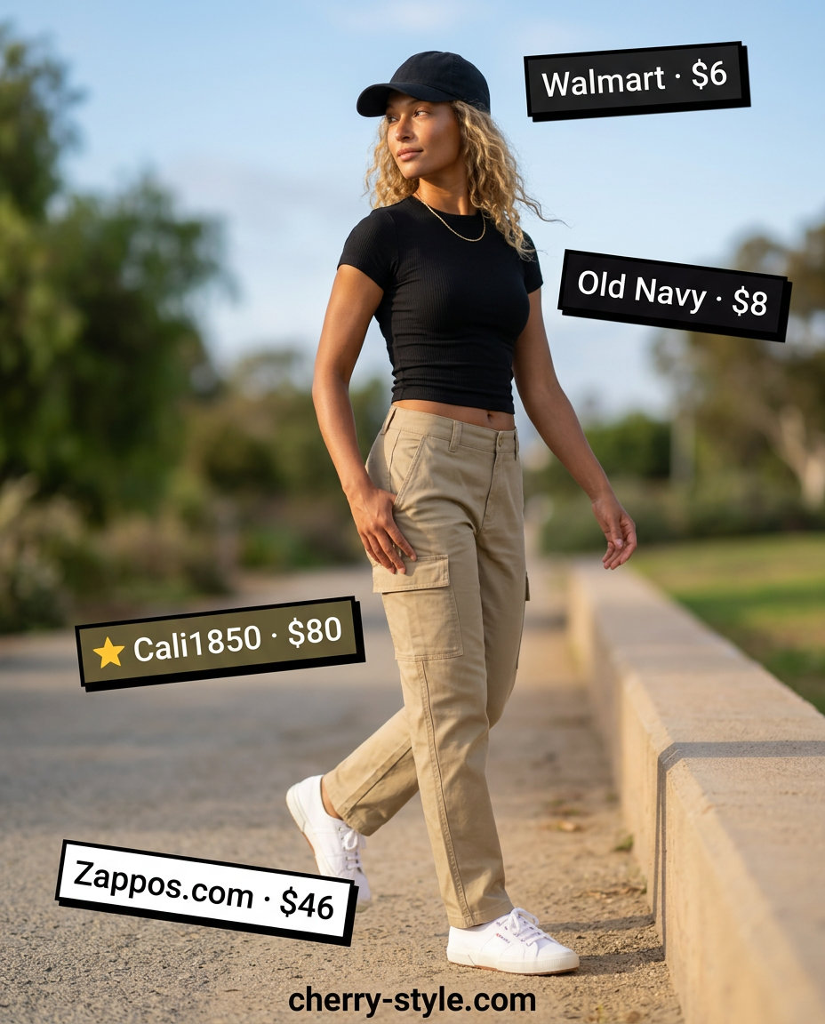 Summer High Waist Pants Outfits for Women 2026: Khaki cargo pants, black t-shirt, belt bag, and sneakers for a casual look.