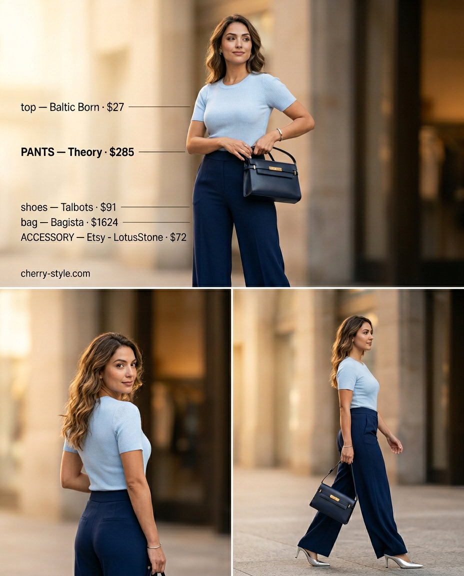 Summer High Waist Pants Outfits for Women 2026: Navy wide-leg trousers, light blue knit top, and heeled mules for a minimalist office look.