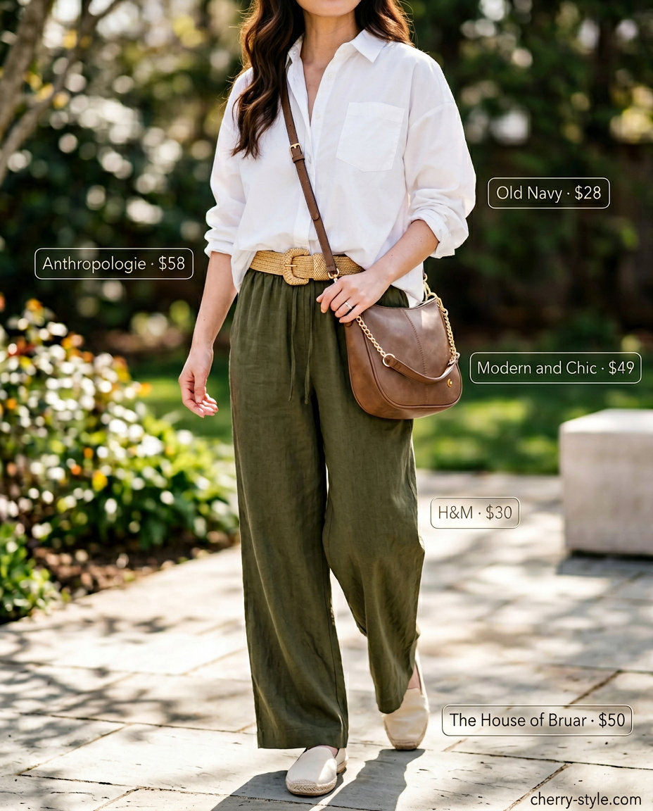 Summer High Waist Pants Outfits for Women 2026: Olive green linen pants, white shirt, and loafers for a chic brunch look.