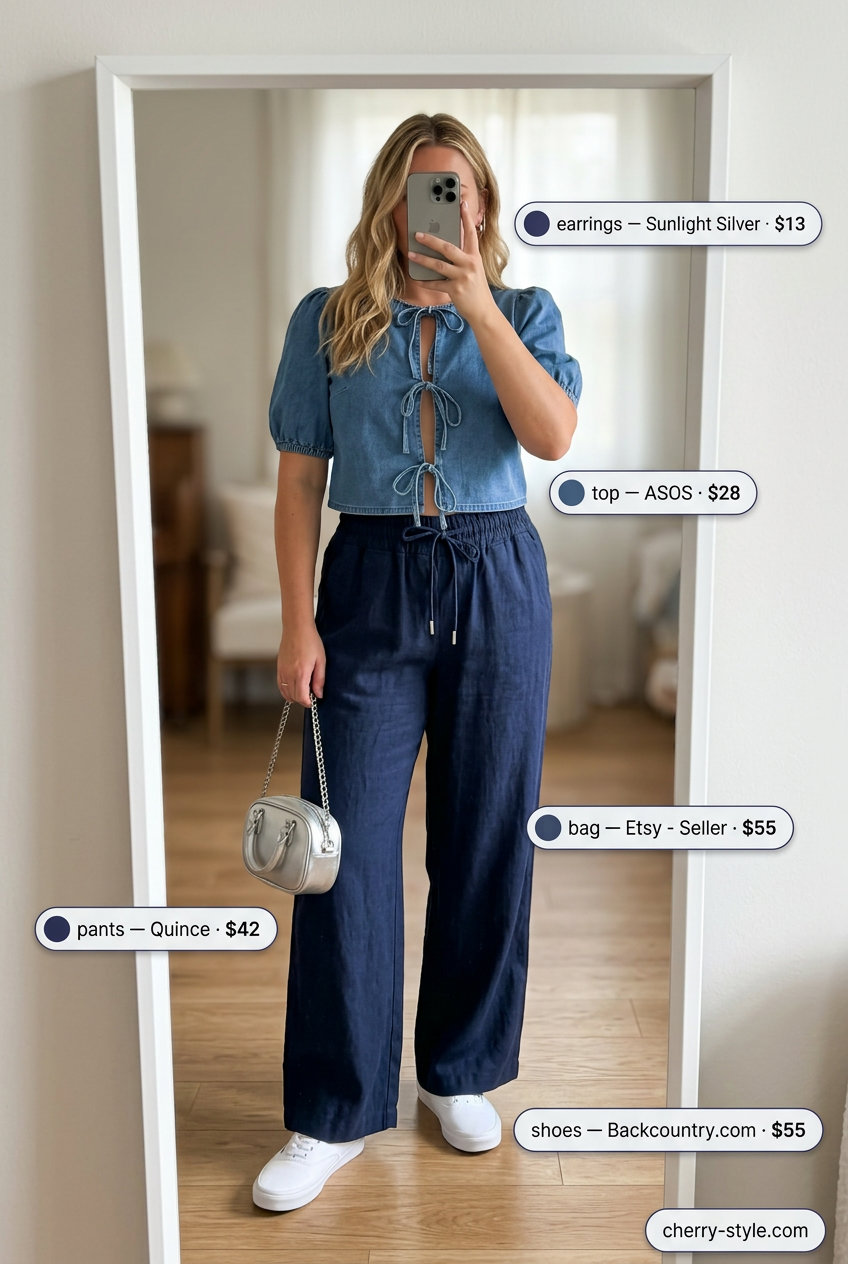 Summer High Waist Pants Outfits for Women 2026: Denim crop top & pants set for casual outings, festivals, or dates.