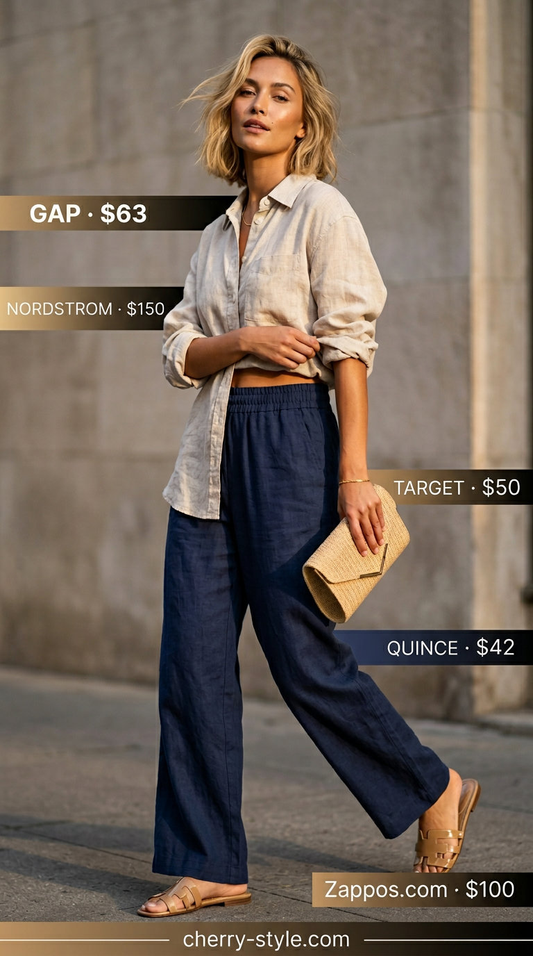 Summer High Waist Pants Outfits for Women 2026: Beige linen shirt & pants for casual chic and resort wear.