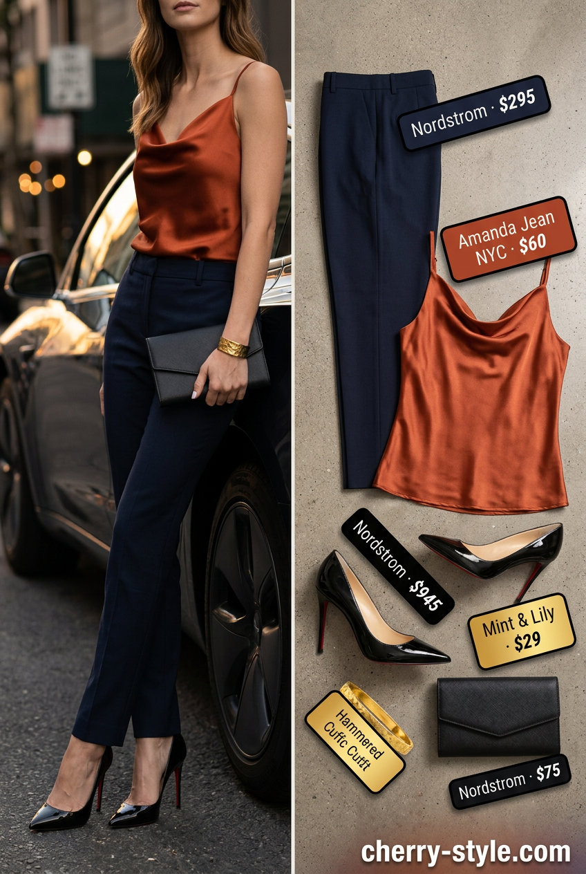 Summer High Waist Pants Outfits for Women 2026: Navy tailored trousers & coral camisole for dinner dates.