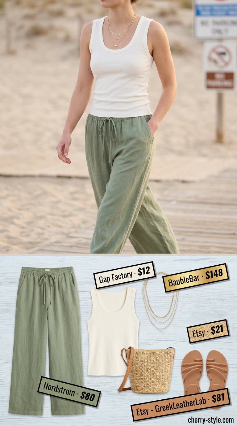 Summer High Waist Pants Outfits for Women 2026: Sage green wide-leg pants & ribbed tank for coastal vibes.