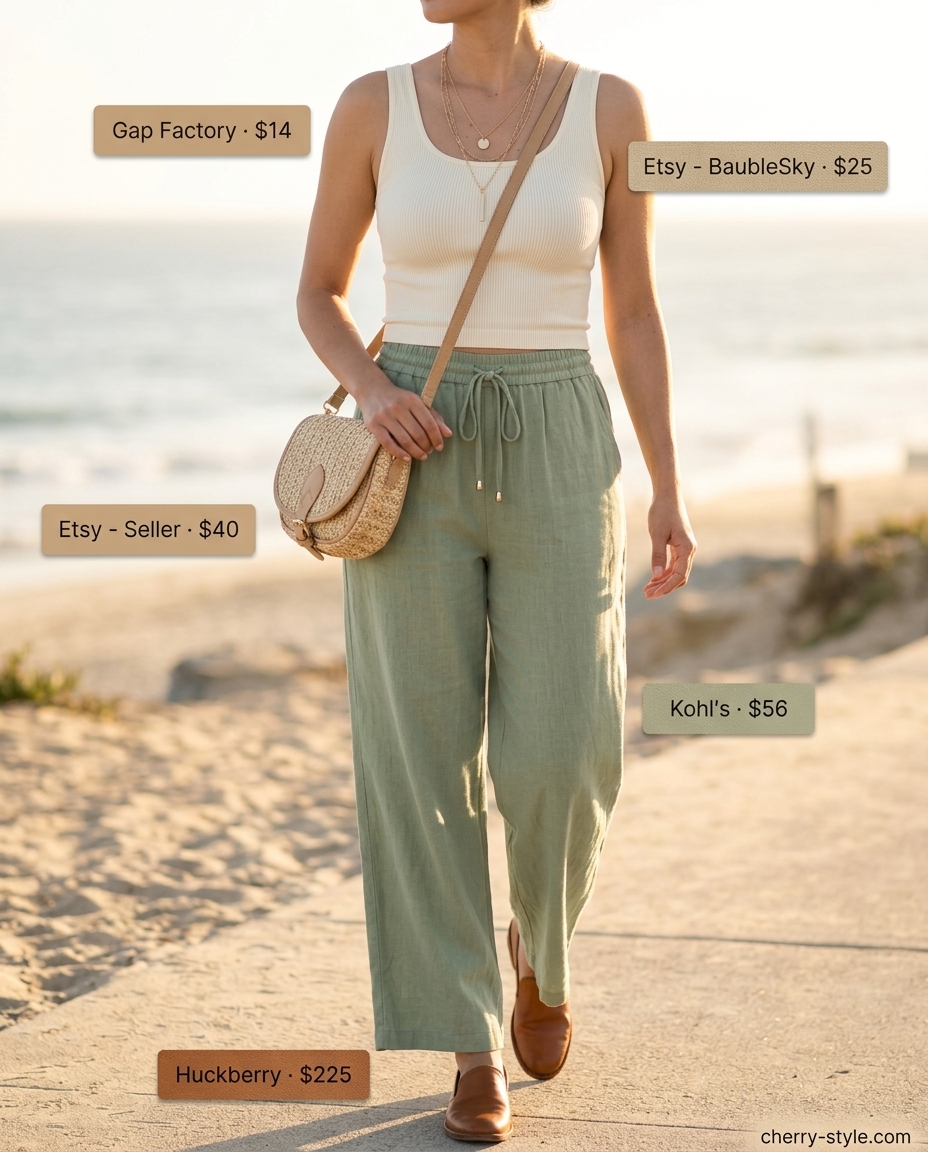 Summer Loafer Outfits for Women 2026: Sage green linen pants, cream tank, tan loafers for coastal casual style.
