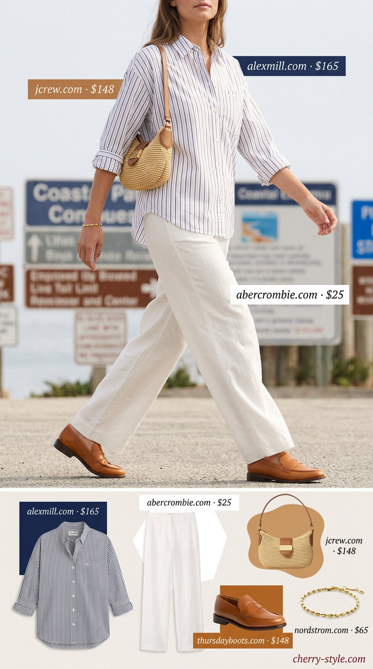 Summer Loafer Outfits for Women 2026: White linen pants, navy stripe shirt, tan loafers for coastal casual.