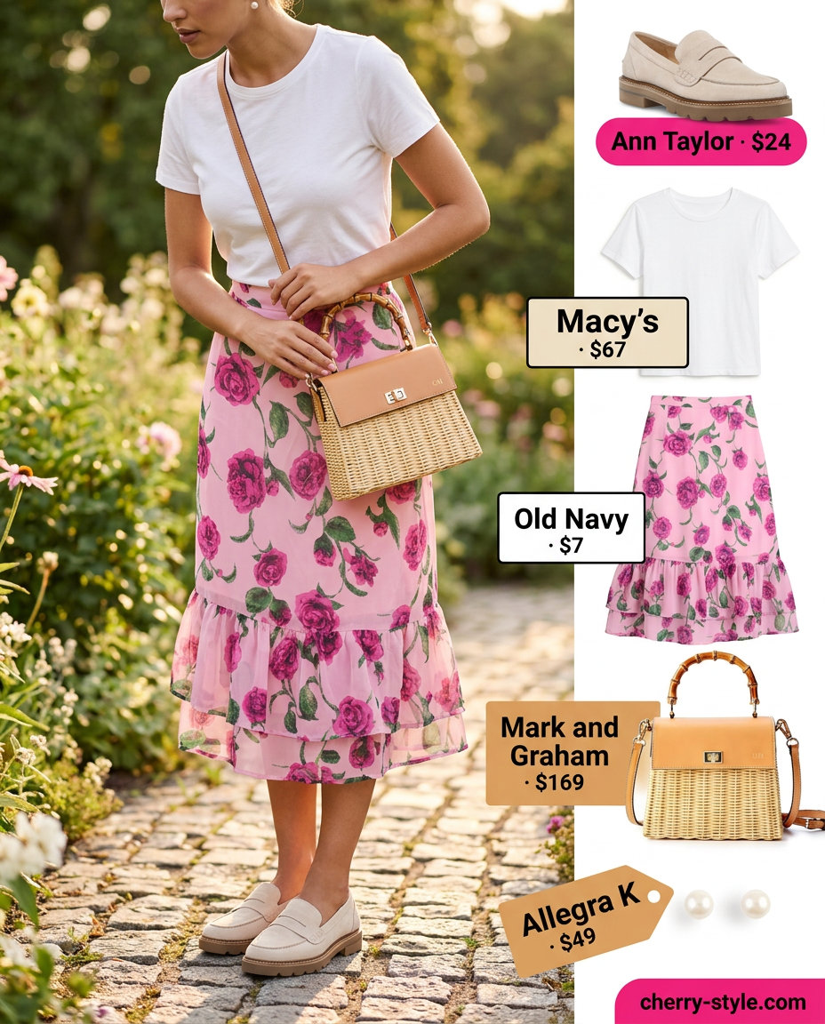 Summer Loafer Outfits for Women 2026: Floral midi skirt, white tee, cream loafers for garden party.