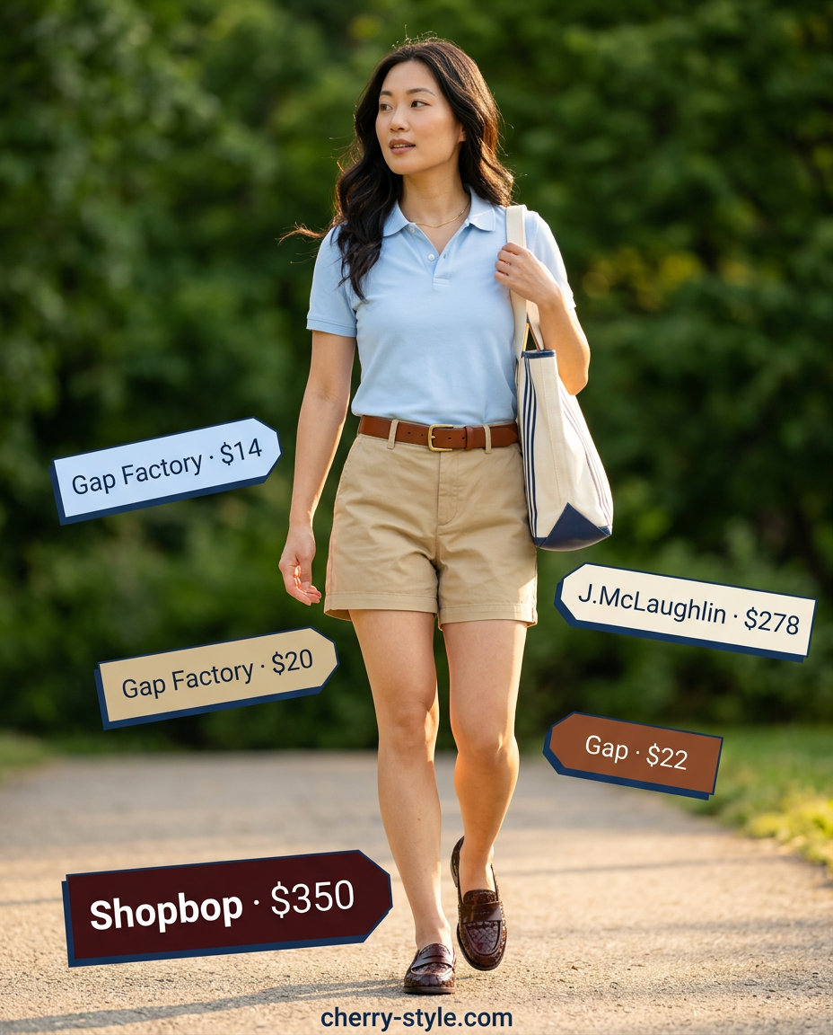 Summer Loafer Outfits for Women 2026: Khaki shorts, pastel blue polo, beige loafers for preppy weekend style.