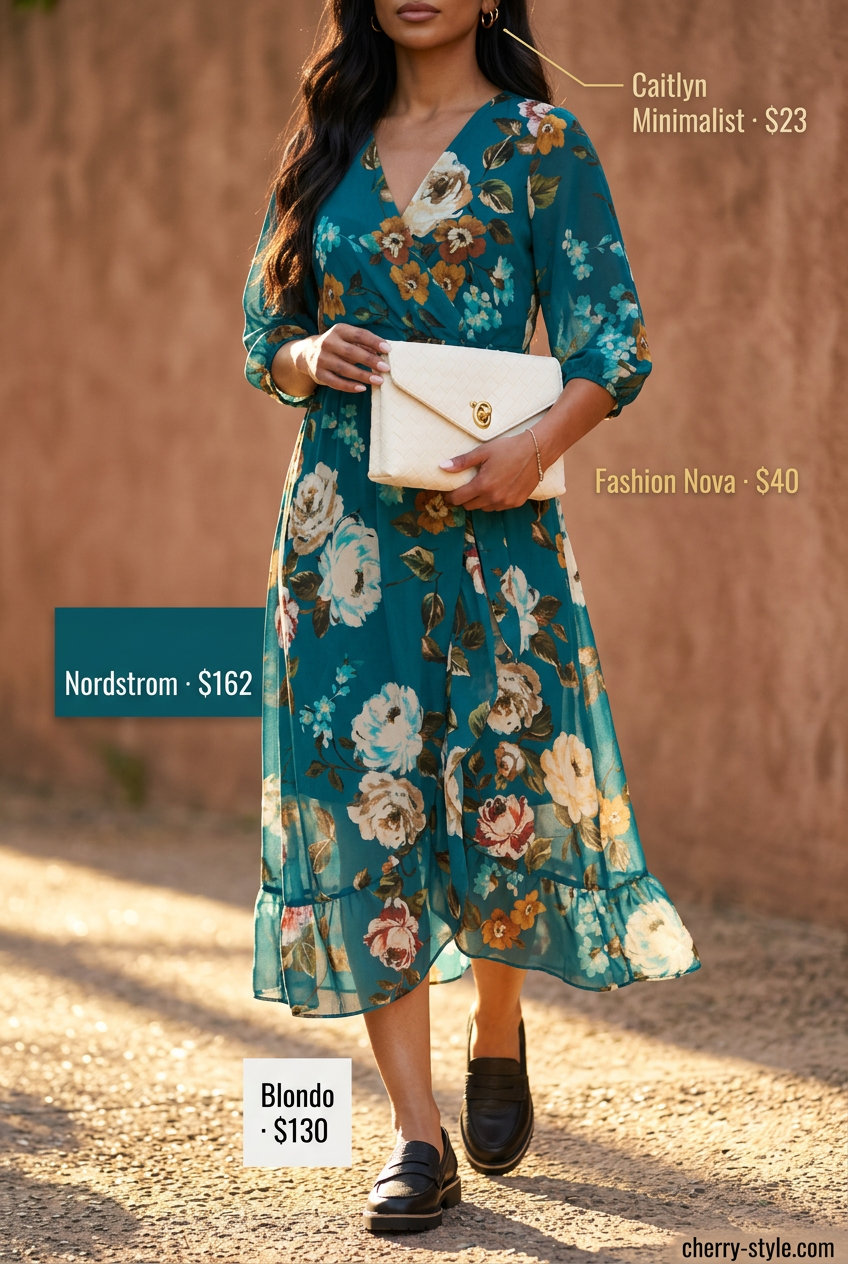Summer Loafer Outfits for Women 2026: Teal floral midi dress, white clutch, versatile loafers for summer dinner.