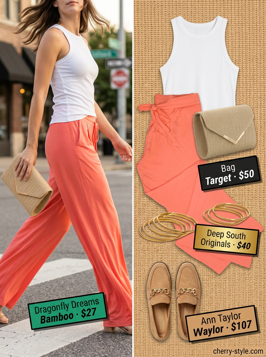 Summer Loafer Outfits for Women 2026: Coral palazzo pants, white tank, tan loafers, gold bangles for resort wear.