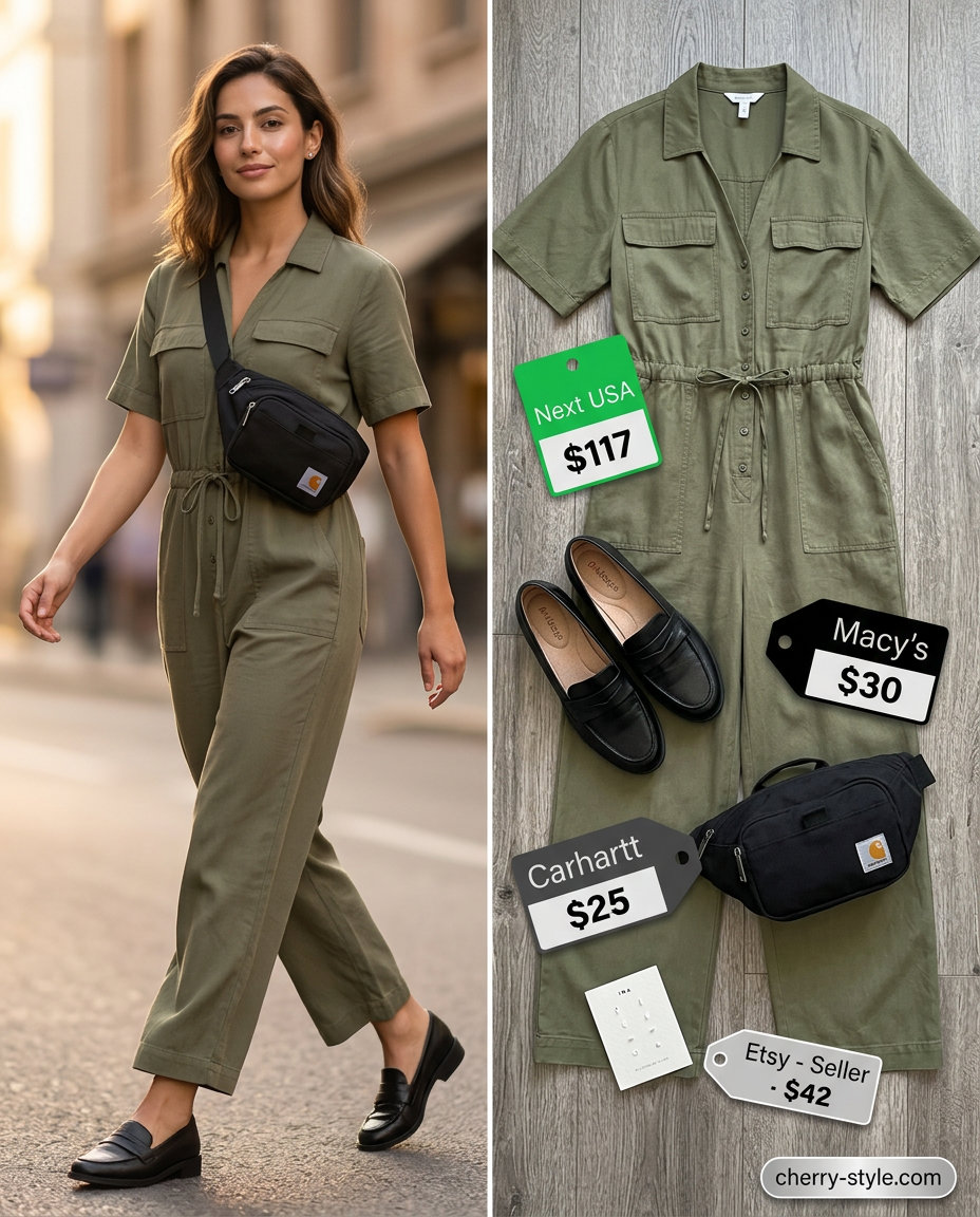 Summer Loafer Outfits for Women 2026: Olive green utility jumpsuit, black loafers, canvas belt bag for travel.