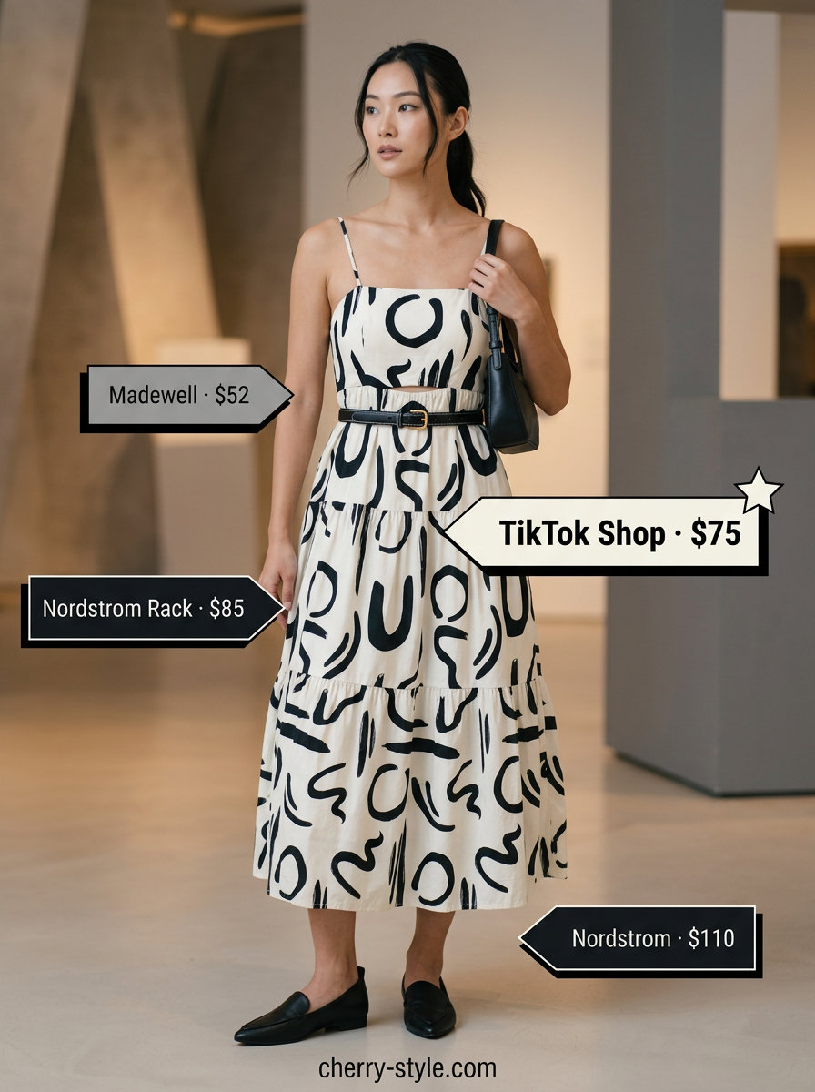 Sophisticated summer loafer outfit for women 2026: Muted abstract print midi dress, black belt, and sleek black loafers for an art gallery.