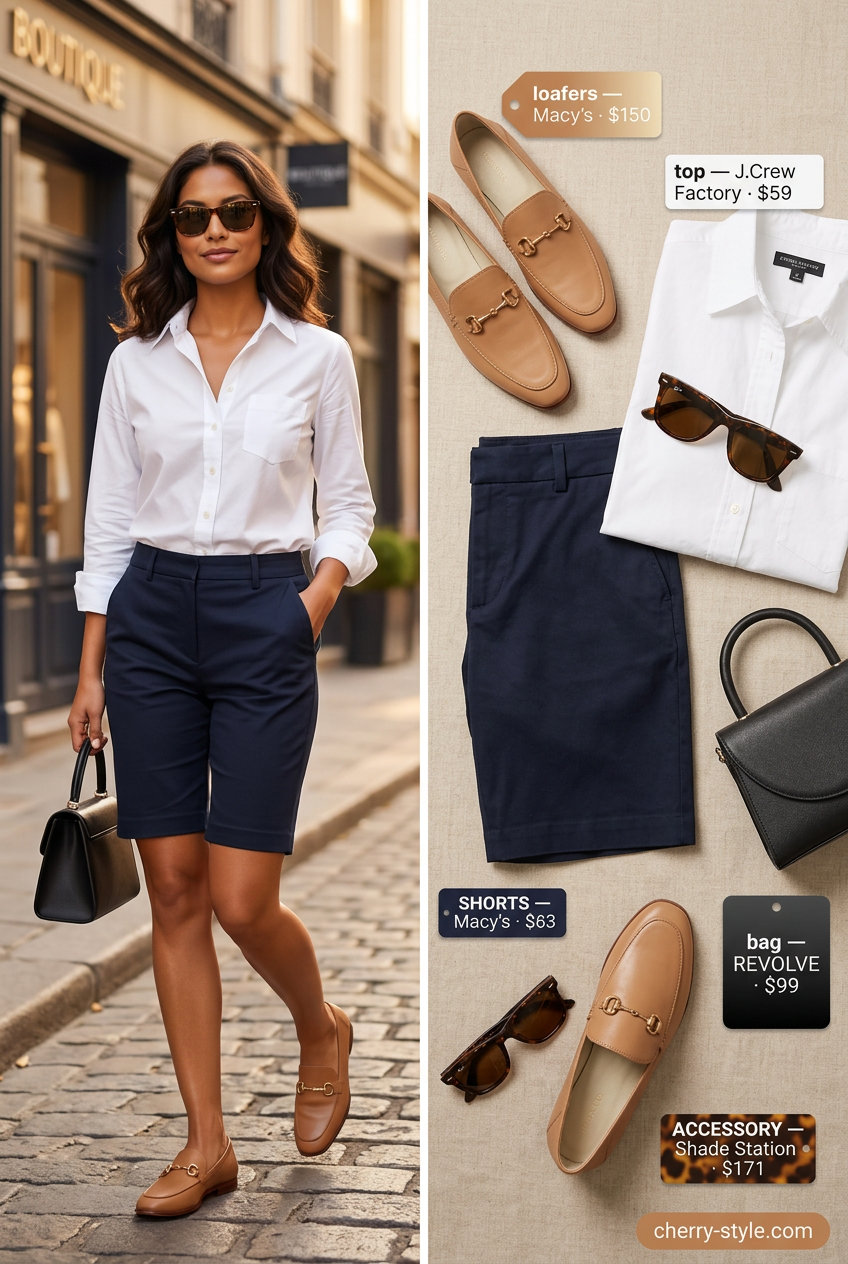 Polished summer loafer outfit for women 2026: Navy Bermuda shorts, white shirt, and tan loafers for city exploration.
