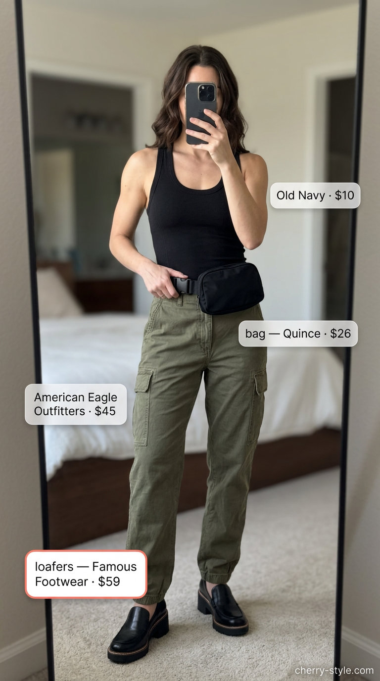 Casual Summer Loafer Outfits for Women 2026: Cargo pants, tank, belt bag & loafers for errands.