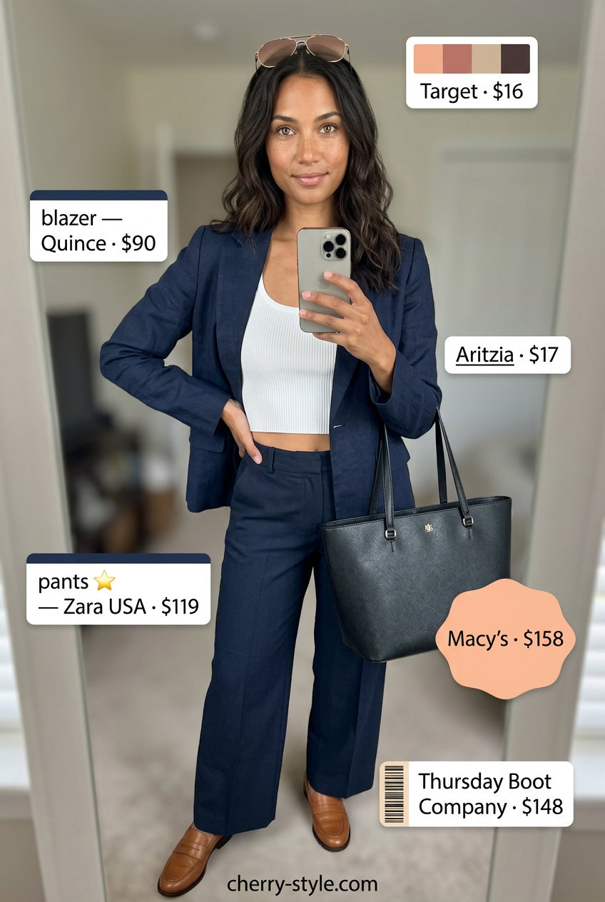 Chic City Explorer Summer Loafer Outfits for Women 2026: Wide-leg trousers, knit top, blazer & loafers.
