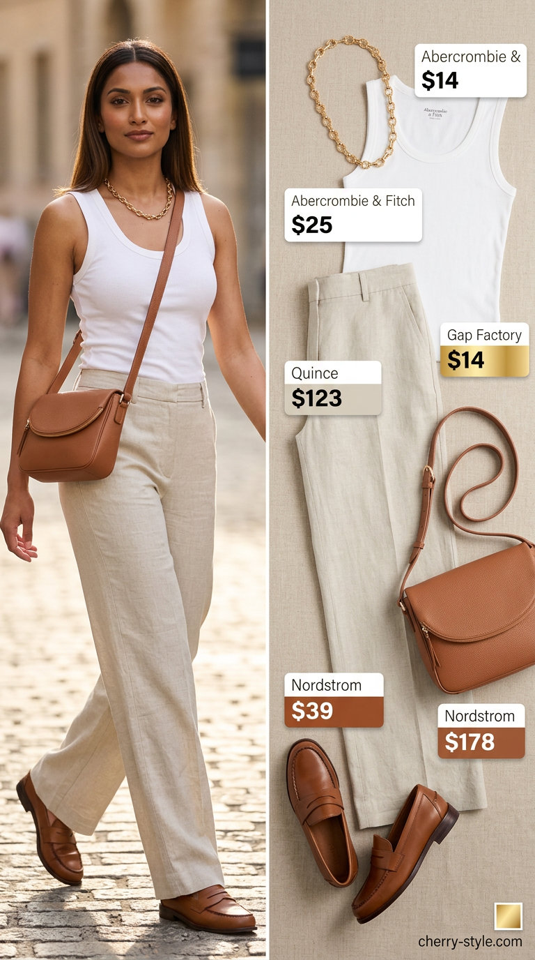 Chic summer loafer outfit for women 2026: Cream linen pants, ribbed tank, and tan penny loafers for a coastal vibe.