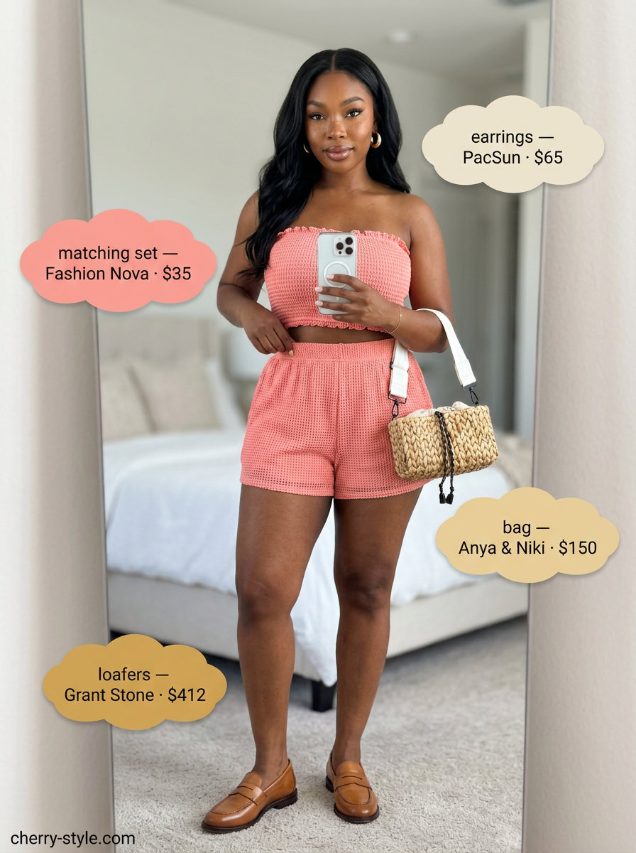 Trendy Summer Loafer Outfits for Women 2026: Coral co-ord set, straw tote & loafers for vacation.
