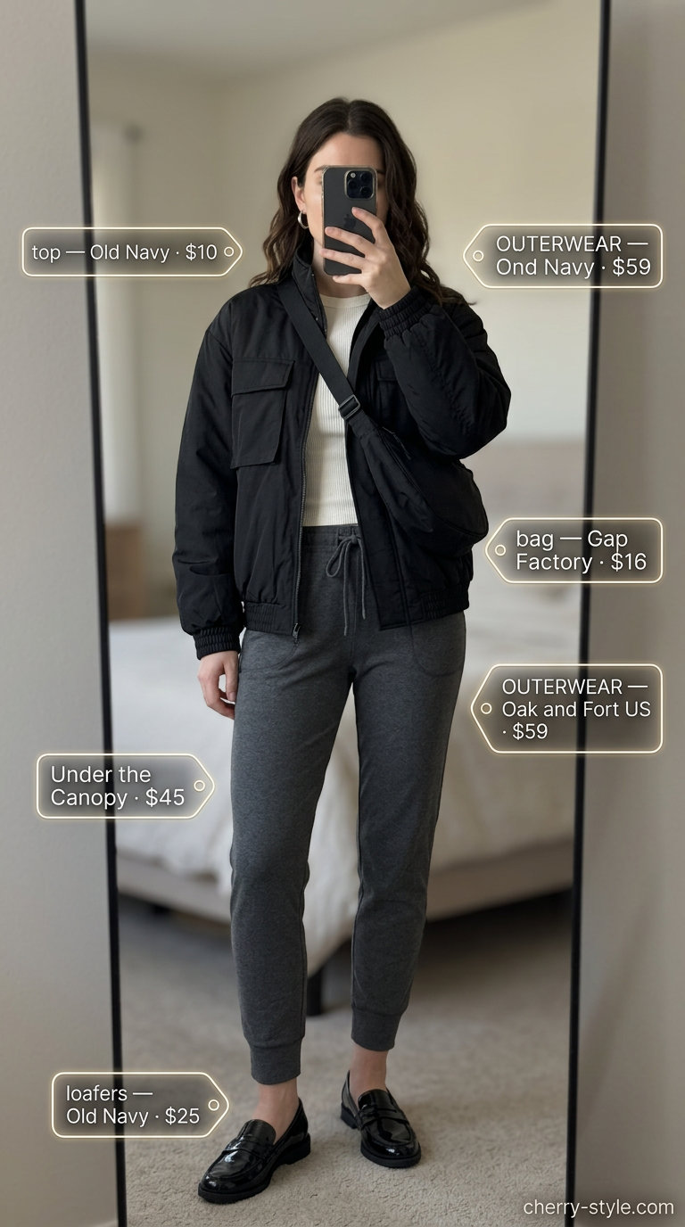 Elevated Athleisure Summer Loafer Outfits for Women 2026: Joggers, tee, bomber jacket & loafers.