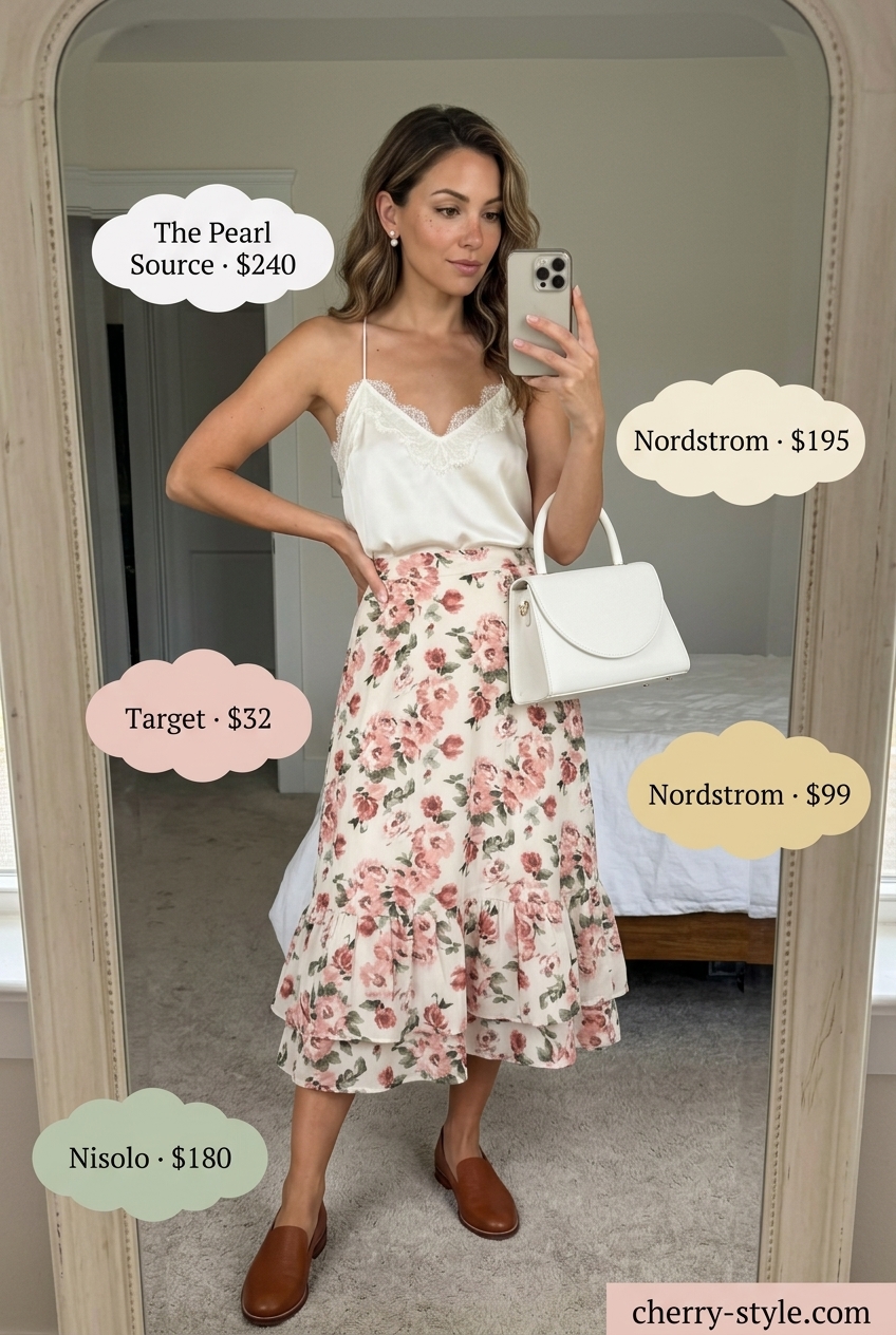 Elegant Summer Loafer Outfits for Women 2026: Floral midi skirt, camisole, loafers for garden party.