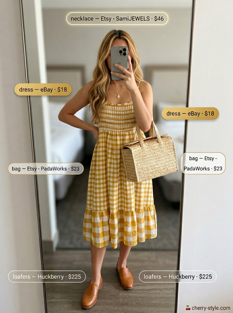Summer Loafer Outfits for Women 2026: Mustard gingham dress, straw bag & loafers for a picnic.