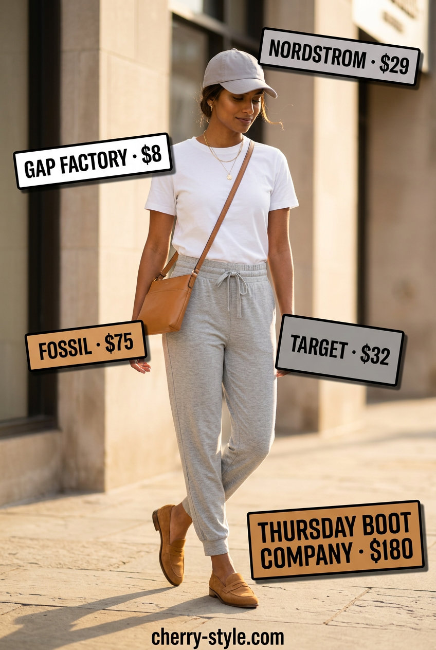 Comfortable summer loafer outfit for women 2026: Grey joggers, white tee, and tan suede loafers for casual days.