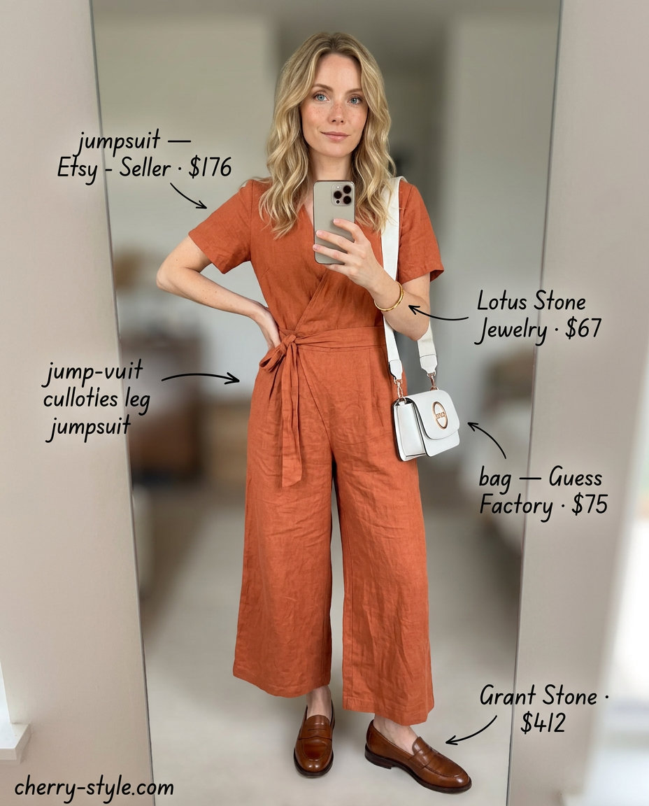 Chic summer loafer outfit for women 2026: Terracotta jumpsuit, cream bag, and loafers for a stylish day out.
