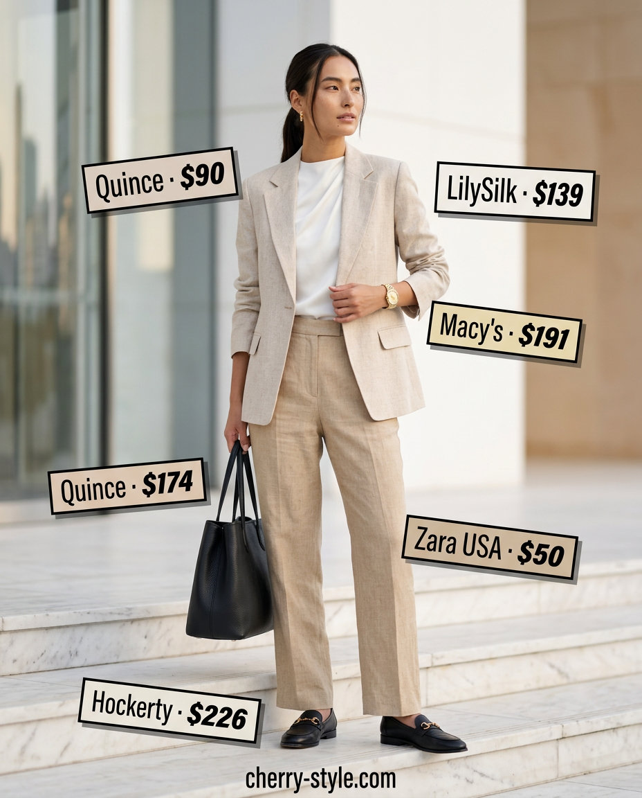 Professional Summer Loafer Outfits for Women 2026: Linen blazer, trousers, silk blouse & loafers.