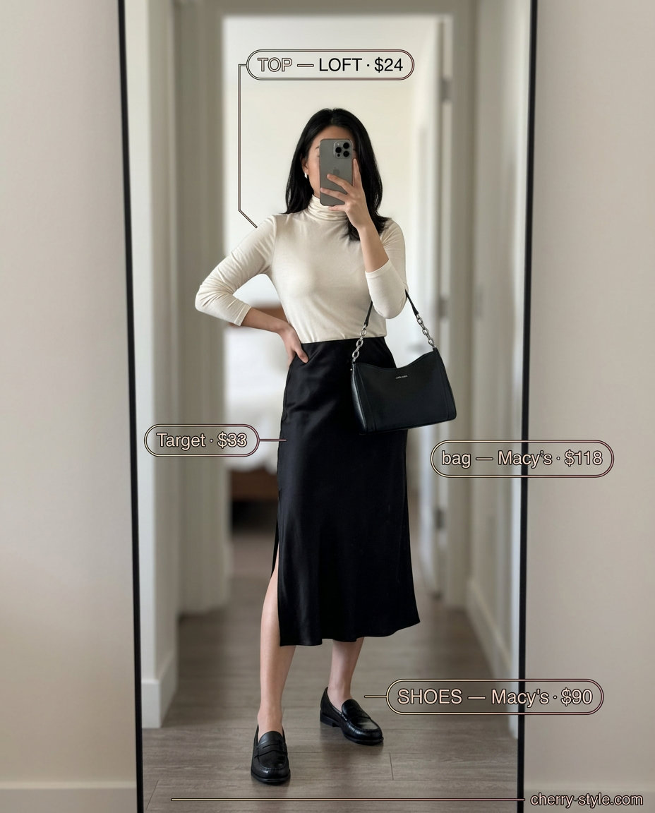 Refined summer loafer outfit for women 2026: Black midi skirt, cream turtleneck, and black loafers for a chic look.