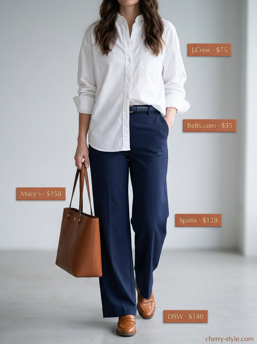 Polished summer loafer outfit for women 2026: Navy wide-leg trousers, white shirt, and tan loafers for city exploration.