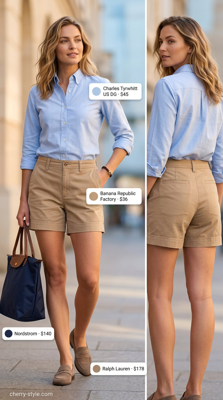 Preppy summer loafer outfit for women 2026: Blue oxford shirt, chino shorts, and tan loafers for a smart casual look.