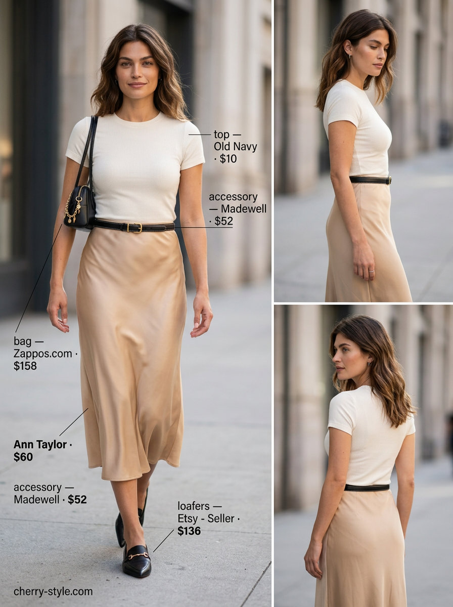 Minimalist summer loafer outfit for women 2026: Beige satin skirt, white knit top, and black loafers for a chic look.