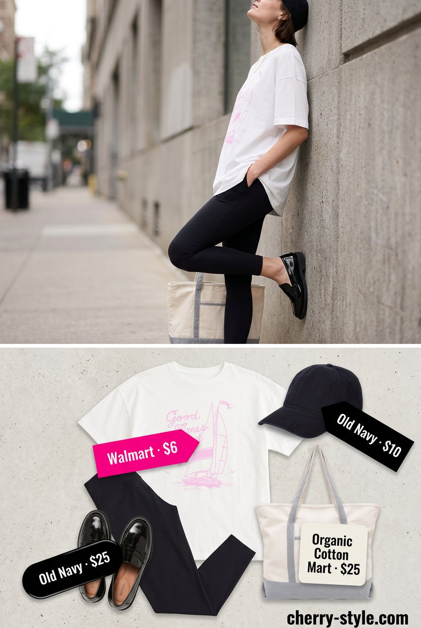 Casual Summer Loafer Outfits for Women 2026: Grey leggings, white tunic, black cap & loafers for weekend errands.