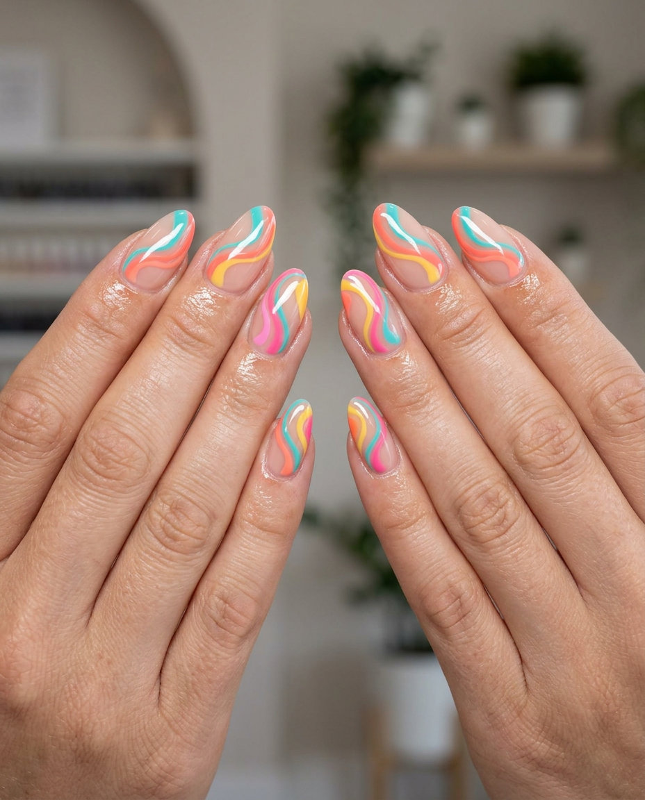 Whimsical summer manicure colors 2026 with abstract swirls in turquoise, coral, yellow, pink, and white.