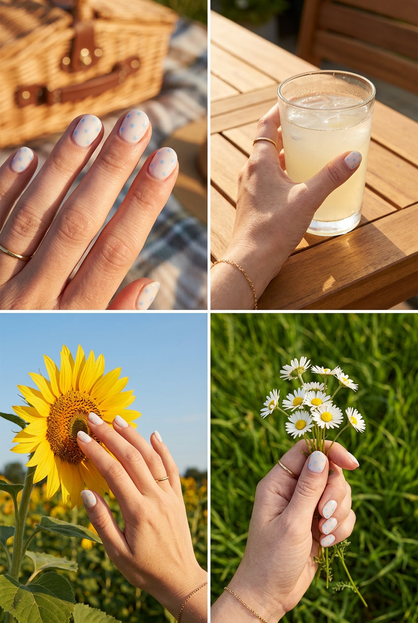 Baby blue milky polka dots manicure for summer 2026, ideal for picnics and festivals.