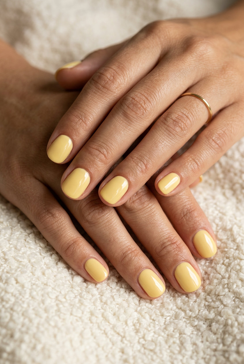 Butter yellow creamy shine manicure for summer 2026, perfect for work and daily wear.