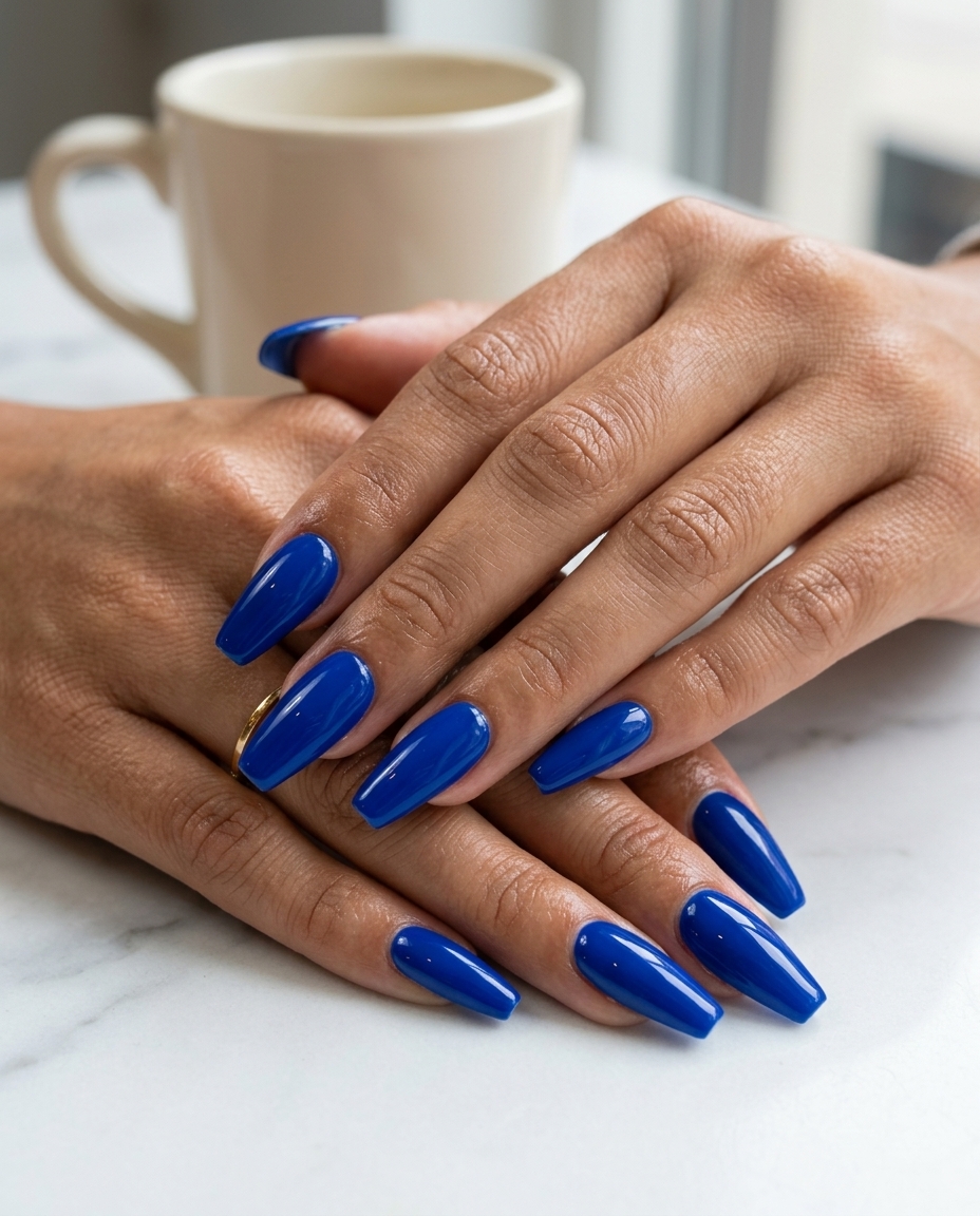 Cobalt blue saturated gloss manicure for summer 2026, perfect for evening events and parties.