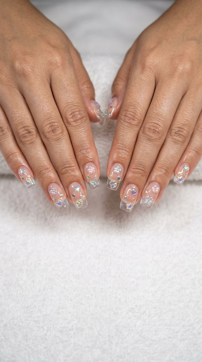 Playful Jelly Charm Garden nails with iridescent charms, perfect for summer manicure colors 2026 festival looks.