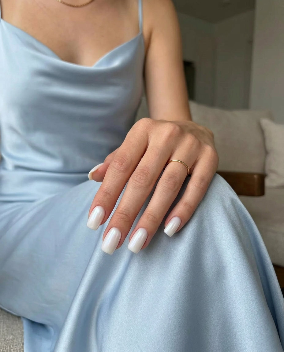 Milky white glazed donut manicure for summer 2026, ideal for weddings and formal events.