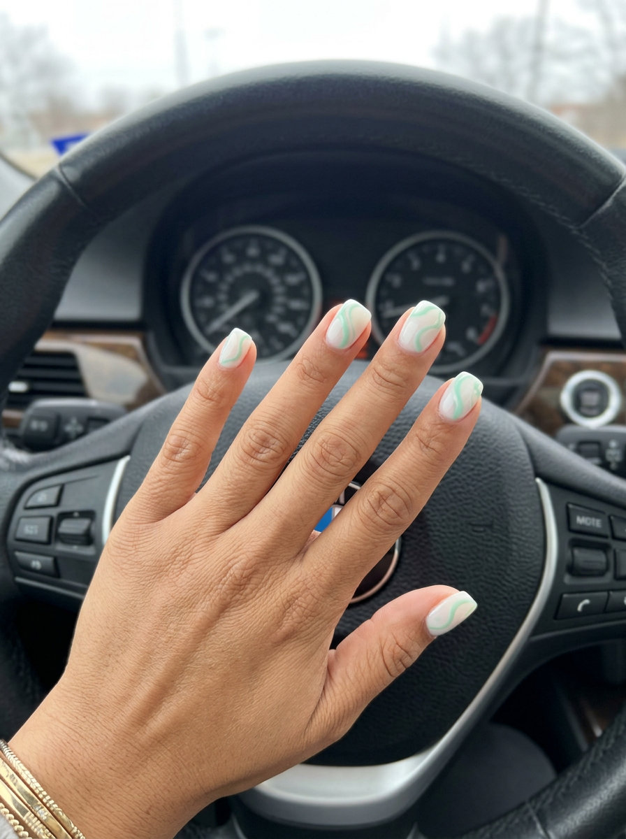 Mint green milky swirls manicure for summer 2026, perfect for casual wear and brunch.