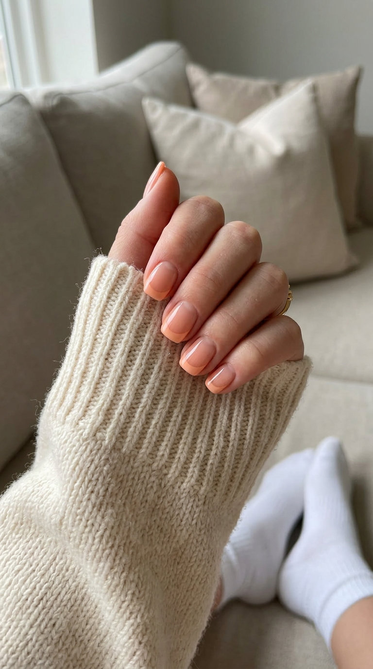 Peach Sorbet Reverse French nails, a juicy look for summer manicure colors 2026 casual outings.