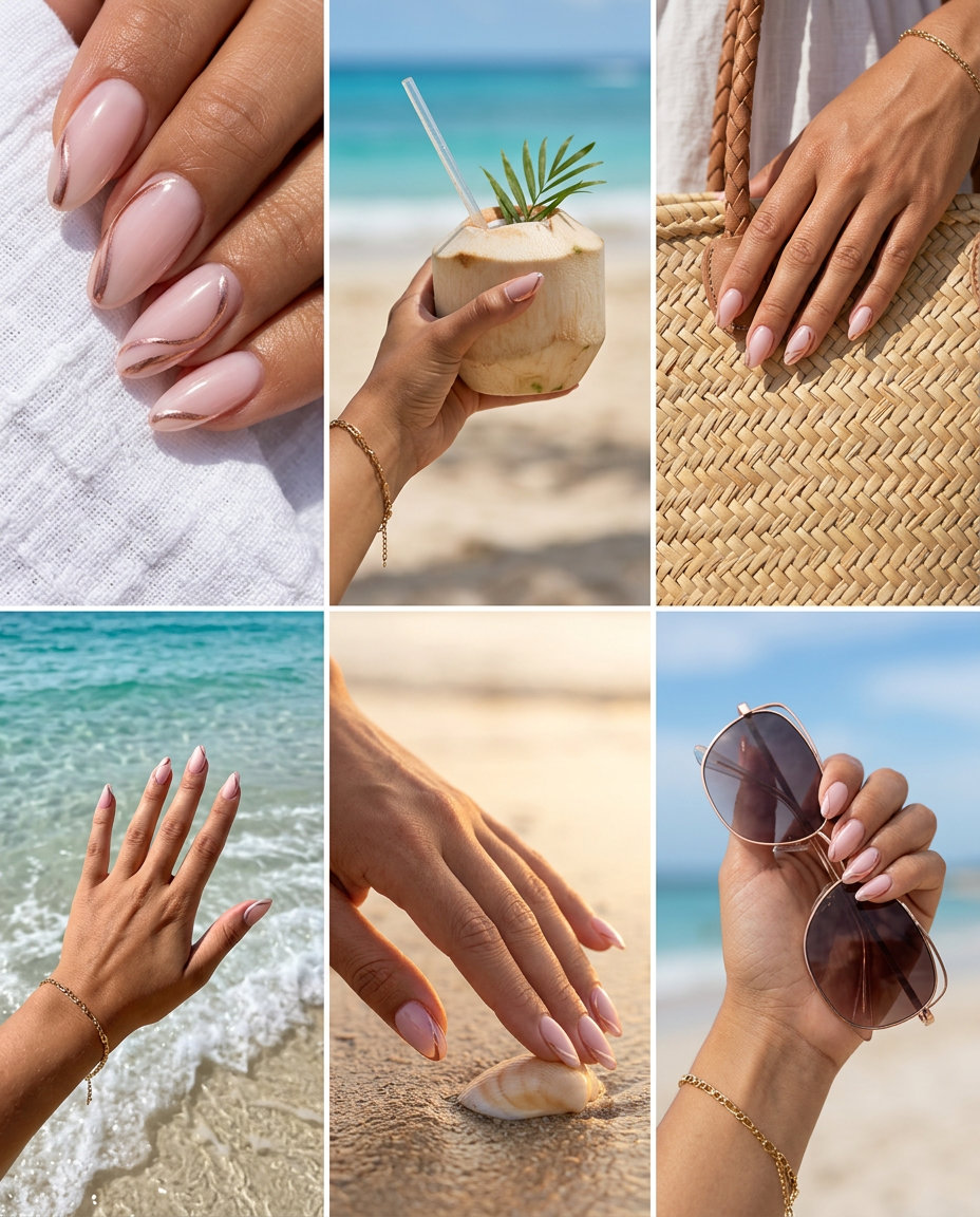 Glamorous summer manicure colors 2026: sheer pink with rose gold chrome accent lines for parties.