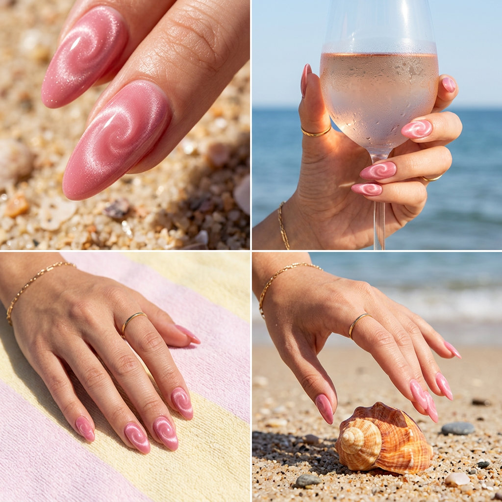 Strawberry Milk Cat-Eye Swirl nails, a romantic and playful option for summer manicure colors 2026 date nights.