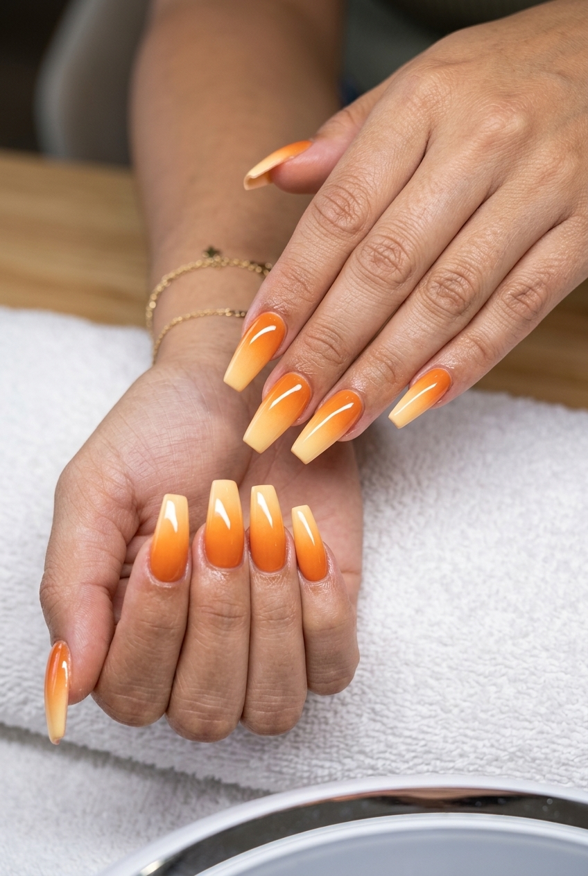 Sunset Orange Ombre nails, a radiant gradient perfect for summer manicure colors 2026 vacation styles.