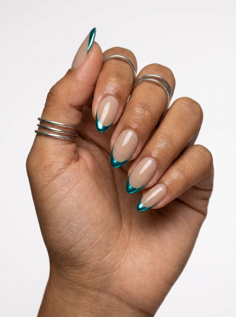 Teal chrome accent lines manicure for summer 2026, perfect for fashion-forward events.