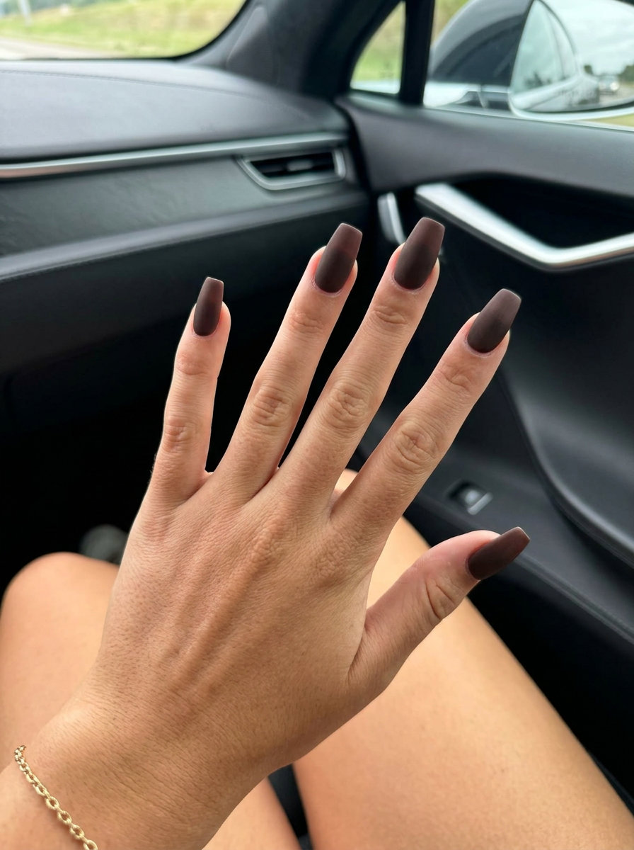 Velvet Espresso Almond nails, a sophisticated matte look for summer manicure colors 2026 formal events.
