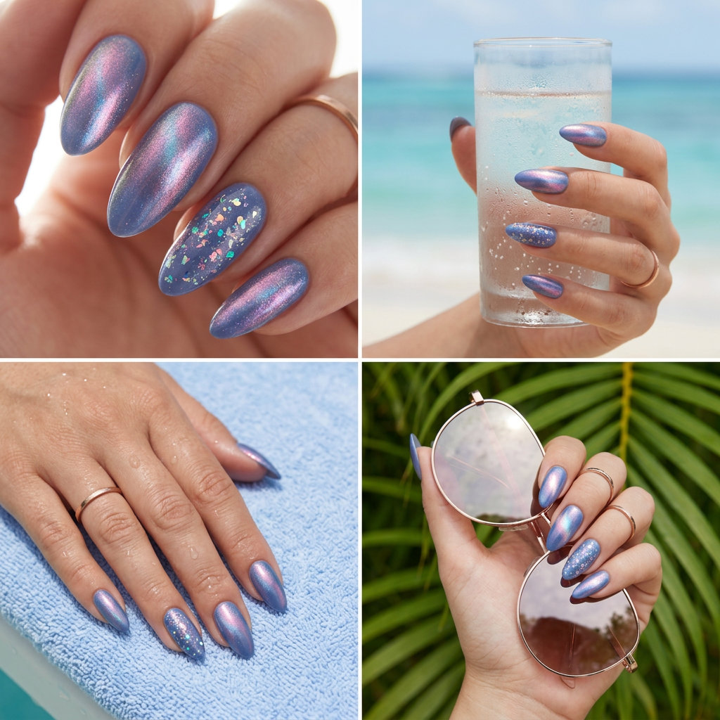 Cosmic blueberry milk chrome nails for summer nail manicure ideas 2026. Futuristic and ethereal for vacation or night out.