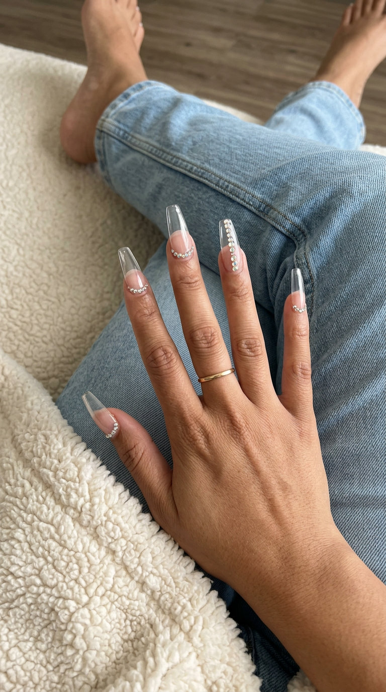 Daring crystal clear glam nails for summer nail manicure ideas 2026. Extra-long stiletto nails with iridescent rhinestones.