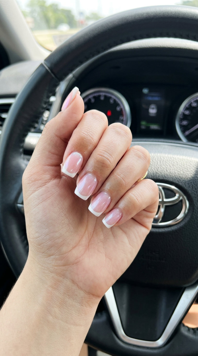 Dewy Pink Pearl French manicure for summer nail manicure ideas 2026. Soft pink, pearlescent shimmer, and white French tips for weddings.