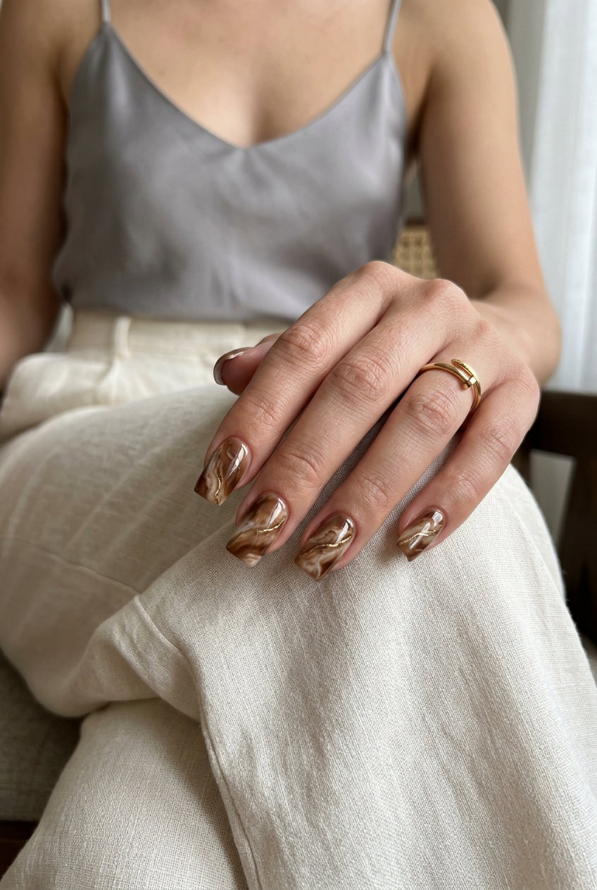 Earthly marble chic nails for summer nail manicure ideas 2026. Sophisticated brown and gold veins for office or events.