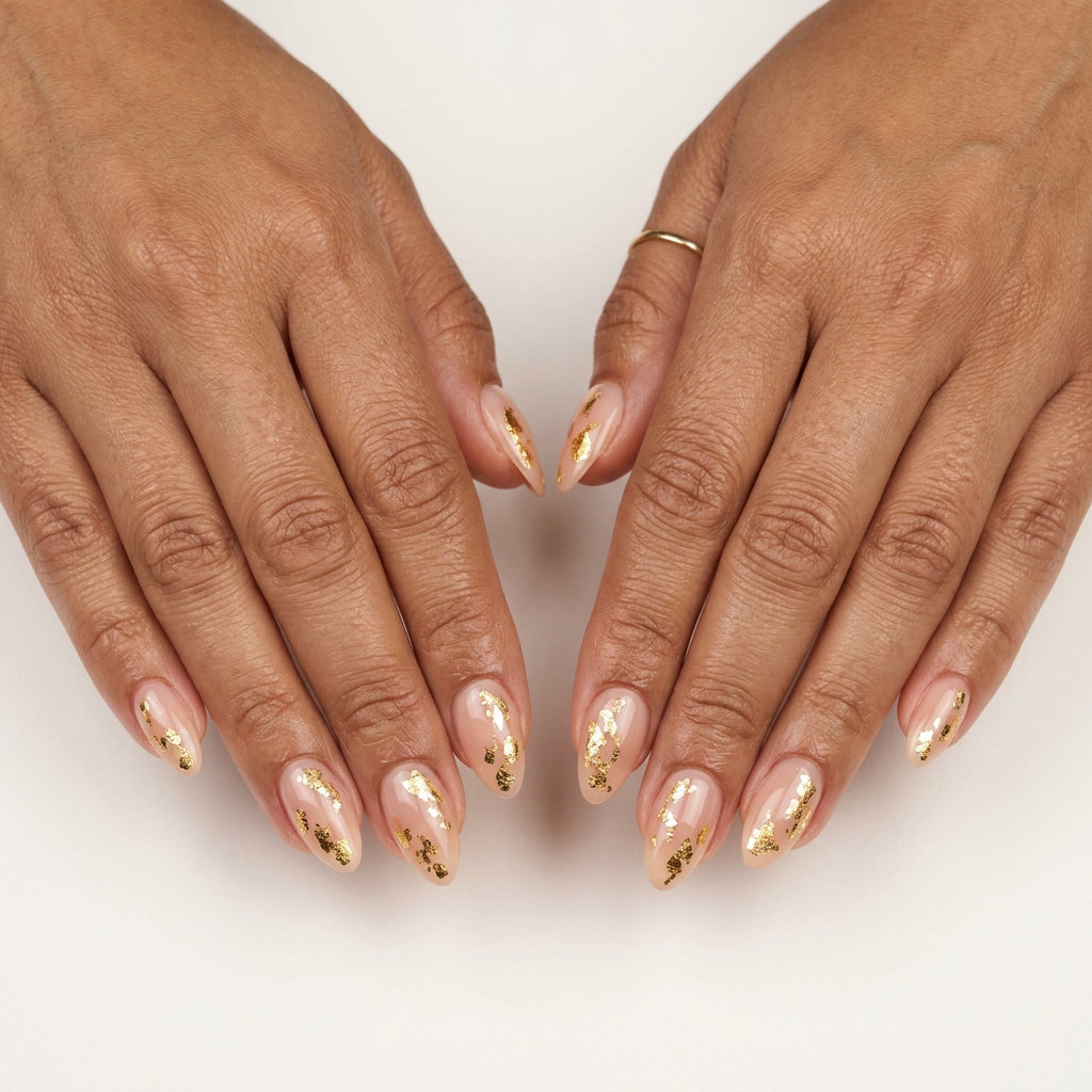 Glamorous sun-kissed gold leaf jelly nails for summer nail manicure ideas 2026. Medium almond nails with sheer nude and gold foil.